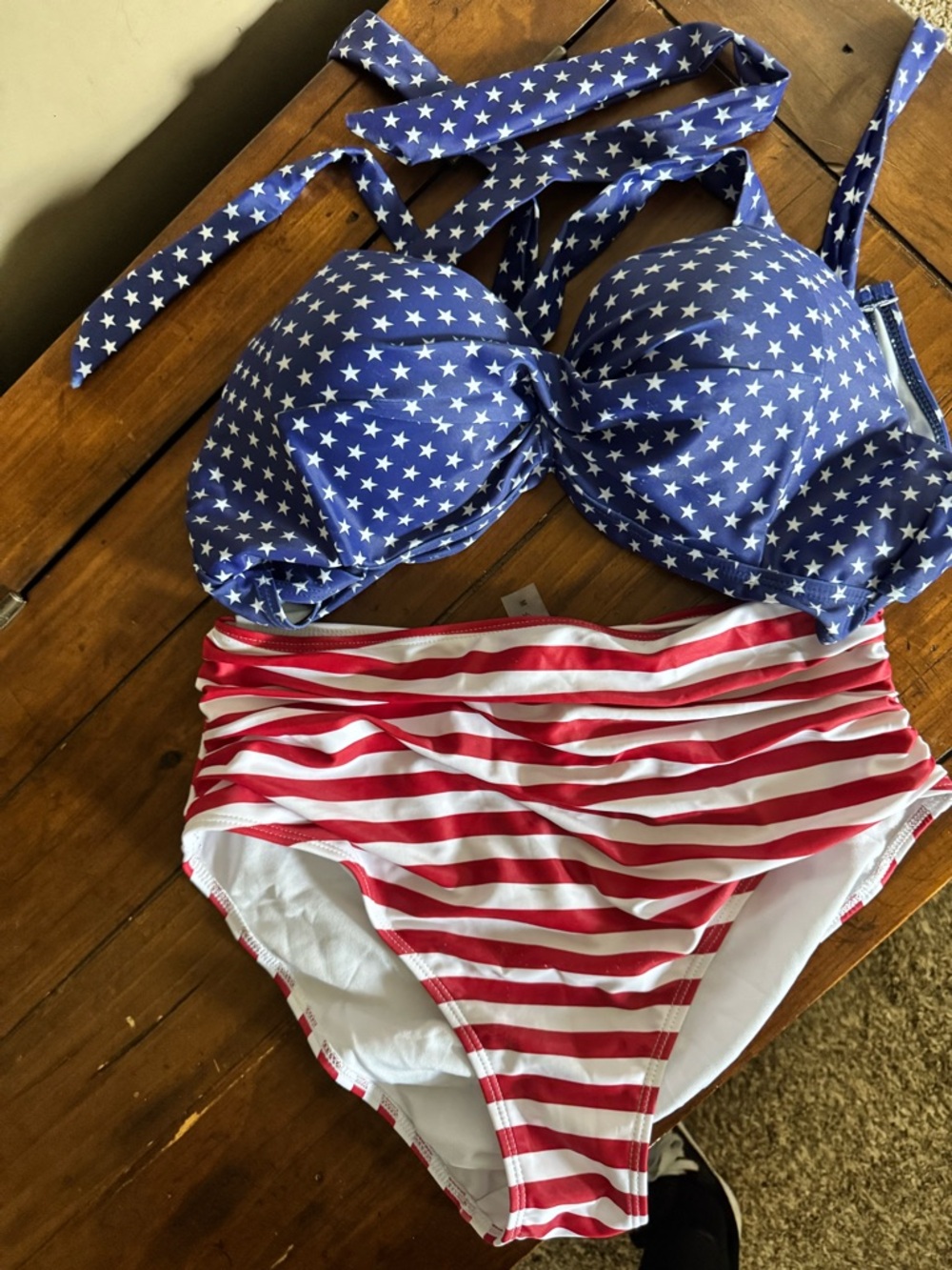 High waisted Women's Red White and Blue Stars & Stripes Bikini Set Medium